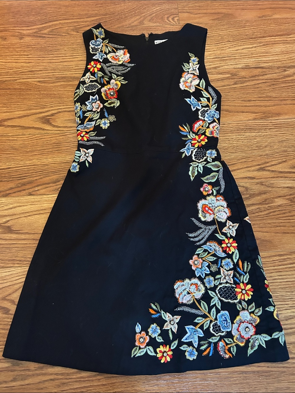 Alice + Olivia Black Mini Dress with Multicolor Floral Embroidery